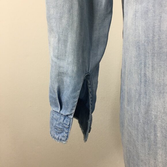 CLOTH & STONE Anthropologie Blue High Low Fringe Hem Chambray Button Shirt Dress - Picture 8 of 16